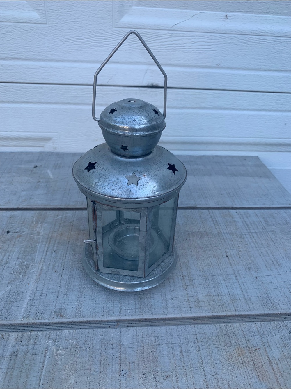 Vintage Metal Lantern Holder For Tea Light Candle, Star Cutouts, 8" Tall